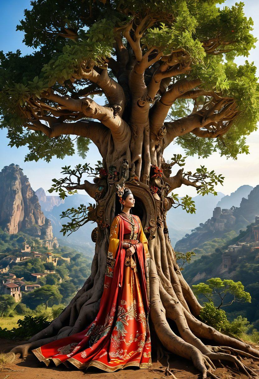 A visually stunning family tree intertwined with roots and branches symbolizing different cultural heritage, featuring ancient artifacts and historical symbols scattered throughout the scene. In the background, soft light illuminates a picturesque landscape representing various ancestral origins, such as lush forests, mountains, and historic buildings. The tree's leaves represent diverse family members, each adorned with unique traditional clothing from their heritage. super-realistic. vibrant colors. warm tones.