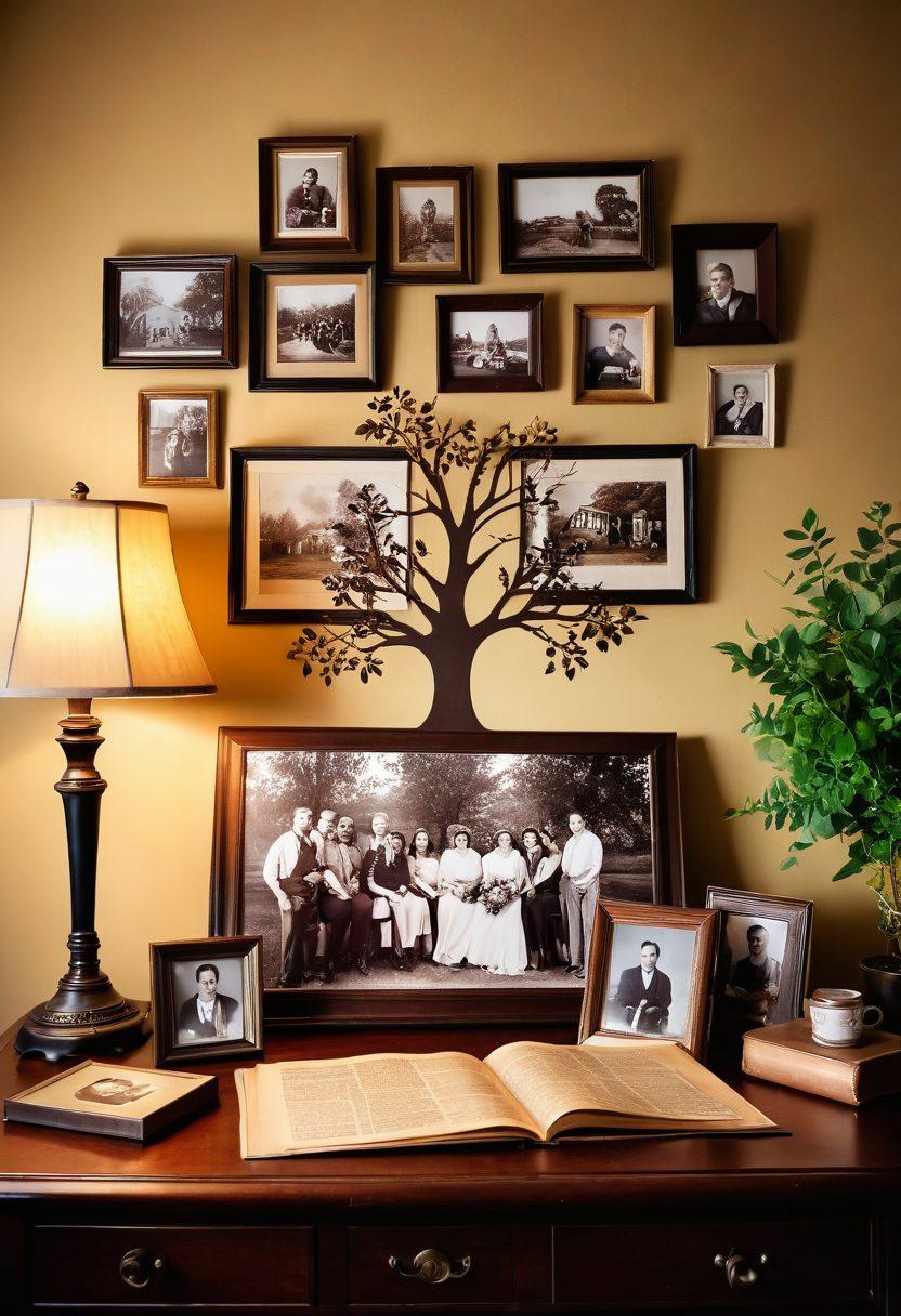 A warm, inviting scene of a multi-generational family gathered around a vintage photo album, with soft sunlight streaming through a window. The table is adorned with family heirlooms, photographs, and historical documents, symbolizing the connection to the past. A backdrop of a cozy living room filled with memories, showcasing a family tree on the wall. super-realistic. warm colors. soft focus.