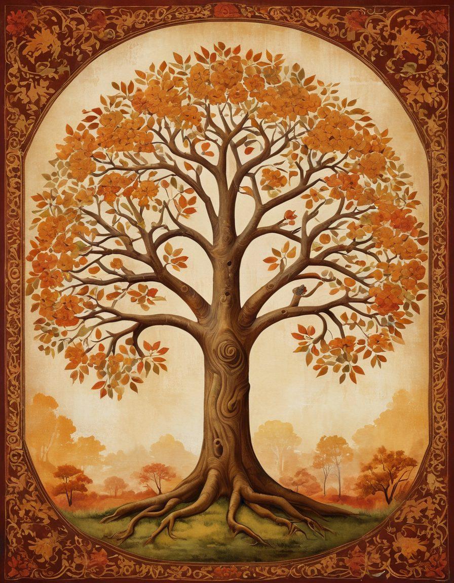 A rich tapestry of ancestry, featuring a sprawling family tree with intertwined roots leading to ornate historical artifacts and heirlooms scattered around. Visual elements like ancient scrolls, faded photographs, and vibrant cultural symbols adorn the scene, conveying a sense of depth and legacy. A warm, inviting color palette enhances the emotional connection, set against a subtle textured background. artistic painting. warm colors. textured background.